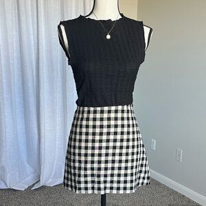 GAP Black Cream Gingham Skort Linen Blend Side Zip Mini Skirt Shorts M